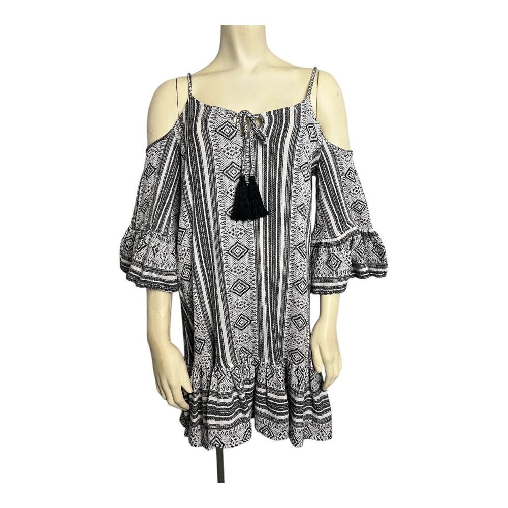 Elan Geo Tassel Cold Shoulder Mini Sundress Black/White Womens L Boho Swim Beach